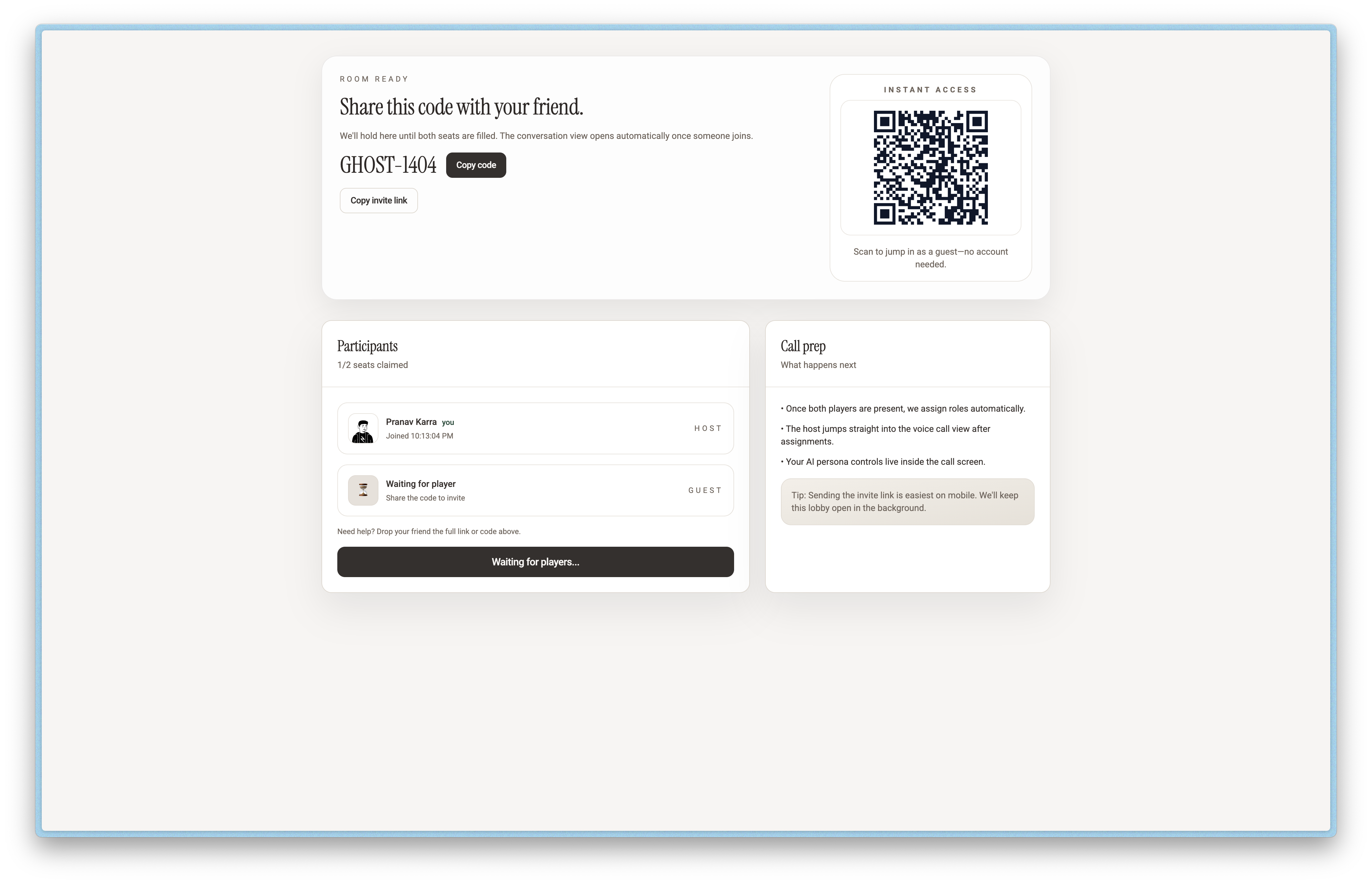 Game Lobby - Share code and invite friends